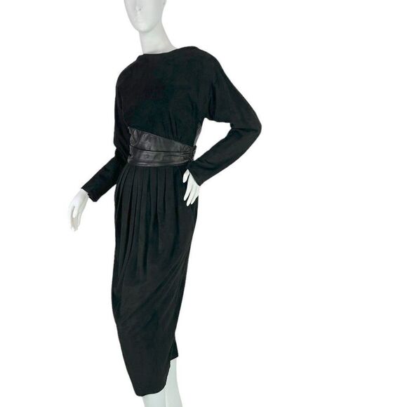Vakko Vintage 80s Black Suede & Leather Backless Long Sleeve Midi Dress, Size 6 - Picture 3 of 15
